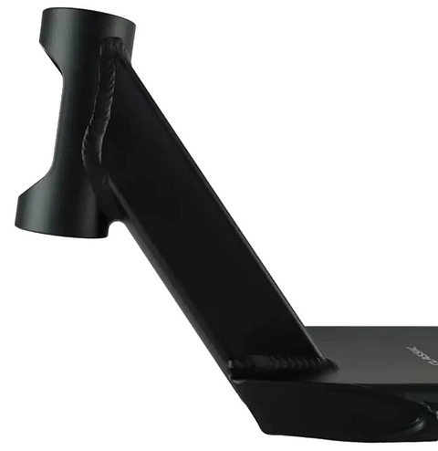 Close-up of the Union Classic Pro Black Stunt Scooter Deck - 5" by Union, featuring a lightweight build, visible welds, and an angled neck—ideal for park riders perfecting their tricks.