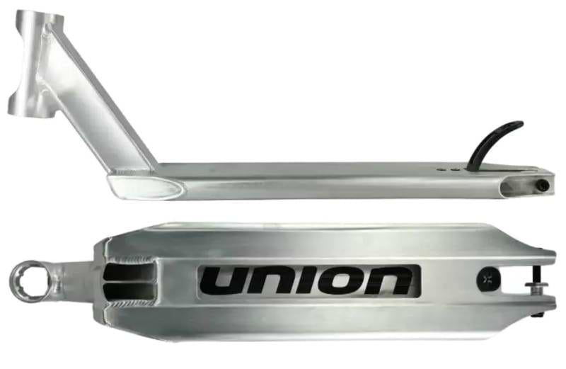 Two views of the Union Classic Pro Silver Stunt Scooter Deck – 5": the top features a black brake, while the bottom displays "UNION" in bold black letters.