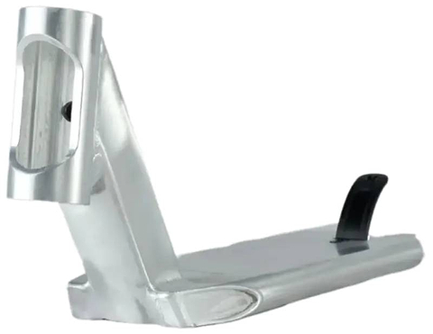 The Union Classic Pro Silver Stunt Scooter Deck - 5" by Union is a lightweight park deck in silver with an angled neck and black rear brake, shown against a white background.
