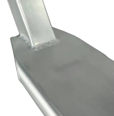 Close-up of the Union Classic Pro Silver Stunt Scooter Deck - 5" by Union, featuring a smooth metallic finish and clean welded seams, ideal for high-performance park riding, set against a white background.