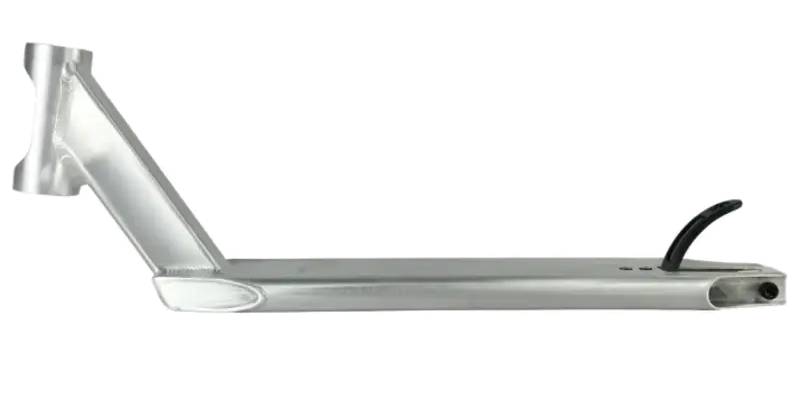 The Union Classic Pro Silver Stunt Scooter Deck - 5" by Union is shown in silver with a raised head tube on the left and a black rear brake on the right, displayed against a plain white background.