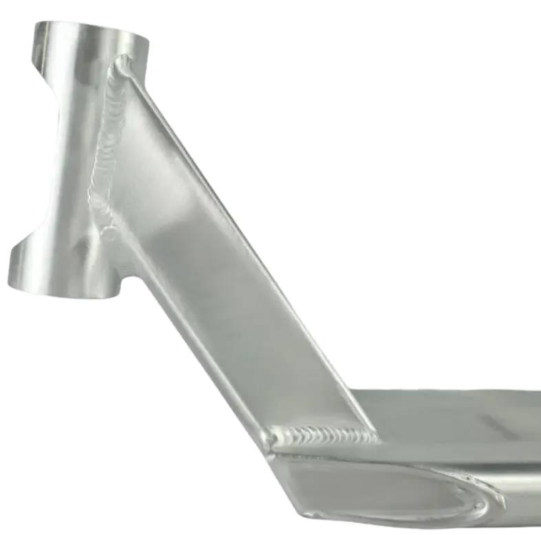 Close-up of the Union Classic Pro Silver Stunt Scooter Deck (5") by Union, showing its metallic welded structure with a T-shaped vertical piece, slanted beam, and flat base. All weld seams are visible on the polished, reflective surface.