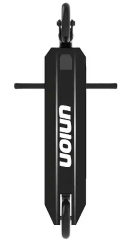 Top view of a black Union Lite Complete Stunt Scooter with the brand name "Union" in white on the deck, showing two wheels in line and horizontal handlebars.