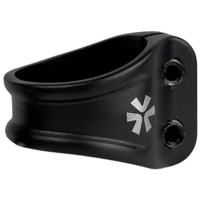 The Union Mono 2 Bolt Oversized Stunt Scooter Clamp by Union is a black clamp with two screw holes and a white geometric logo, designed for secure fitting on stunt scooters and compatible with HIC/IHC compression systems.