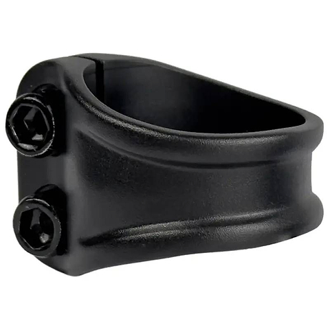 The Union Mono 2 Bolt Oversized Stunt Scooter Clamp by Union in black features two hex screws to secure scooter or bike parts. Its smooth, contoured design ensures a snug fit and is ideal for HIC and IHC compression systems.