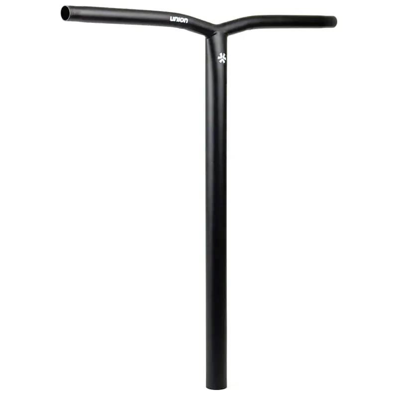 The Union Uniq Bend Steel Oversized HIC Stunt Scooter Bar in black (600mm x 580mm) features a Y-shaped design, durable chromoly construction, “UNION” branding with white logo near the bends, and suits oversized HIC setups. Plain white background.