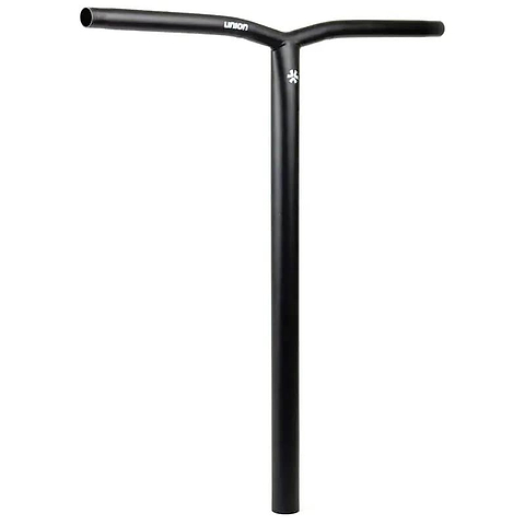 The Union Uniq Bend Steel Oversized HIC Stunt Scooter Bar in black (600mm x 580mm) features a Y-shaped design, durable chromoly construction, “UNION” branding with white logo near the bends, and suits oversized HIC setups. Plain white background.