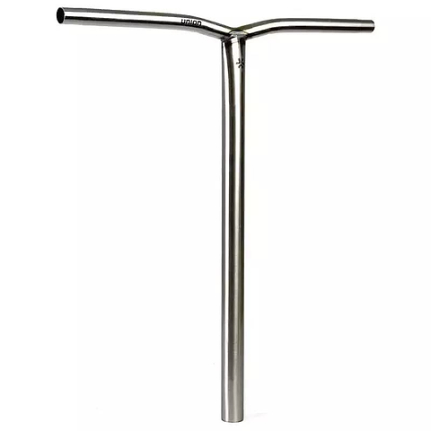 The Union Uniq Bend Steel Oversized HIC Stunt Scooter Bar, Silver 580mm x 560mm, stands upright with a Y-shaped design and matte finish—lightweight and ideal for HIC stunt scooter riders.
