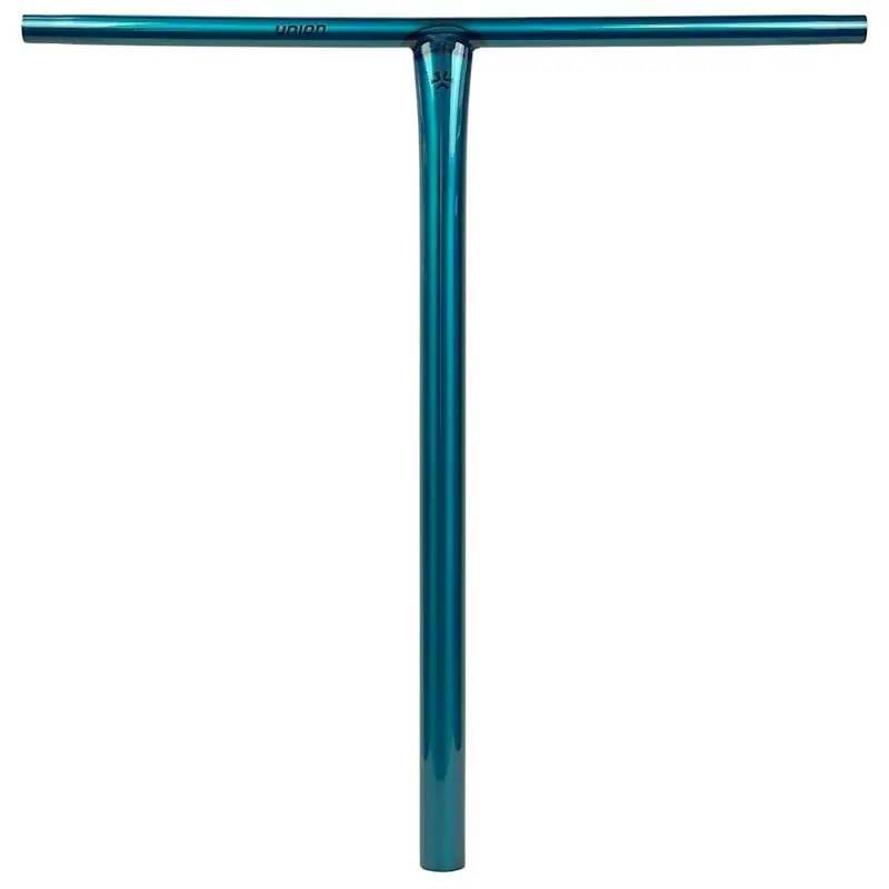The Union Uniq T Steel Oversized HIC Stunt Scooter Bar in polished teal (600mm x 580mm) by Union features a glossy finish, straight grips, and a durable chromoly steel T-shape—perfect for riders seeking style and strength.