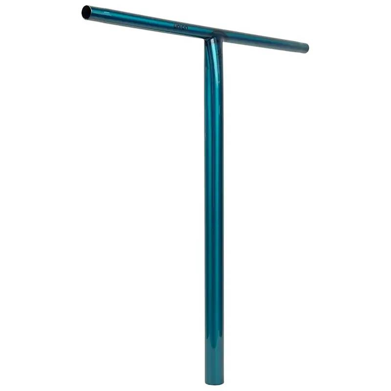The Union Uniq T Steel Oversized HIC Stunt Scooter Bar in polished teal (600mm x 580mm) stands upright in a T-shape against a white background.