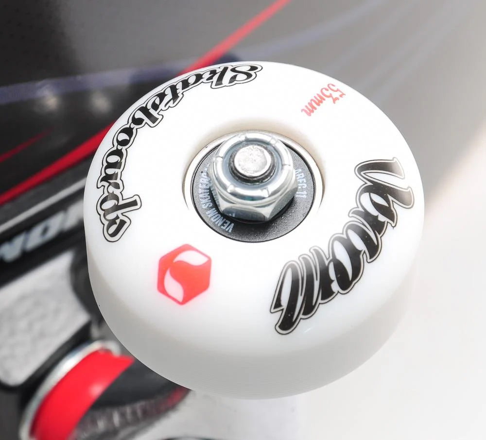 White skateboard wheel with Venom ABEC 11 Skateboard Bearings - 8 Pack, featuring a metal center, nut, and red logo detail.