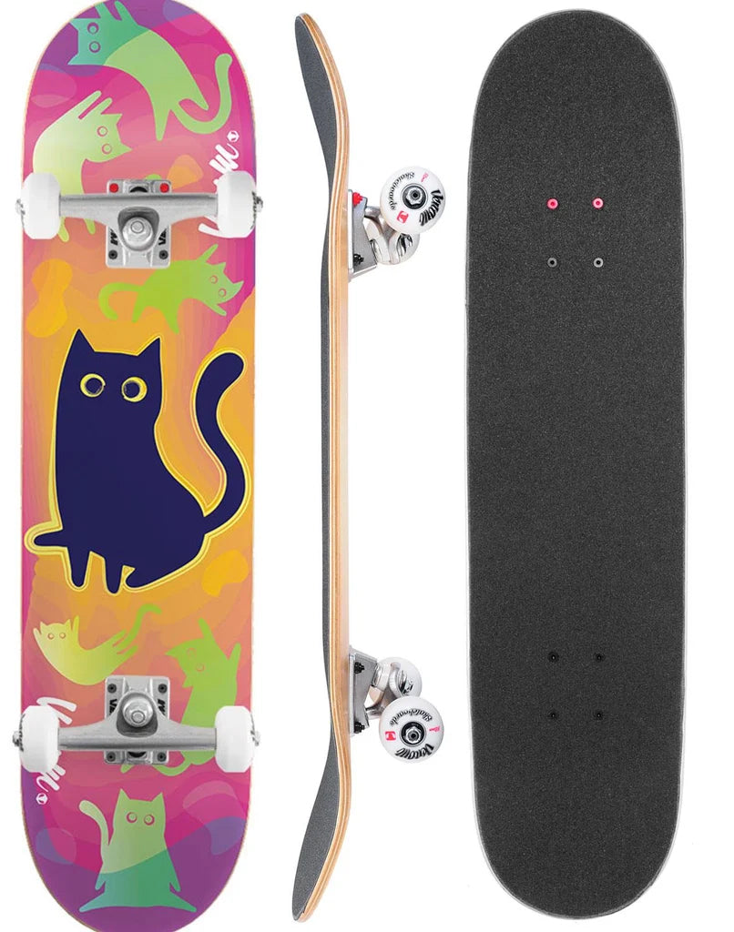 Venom Core Catnip Complete Skateboard - 7.75″ x 31.75″ shown from below, from the side, and from above, featuring a graphic of colorful cats on a yellow and pink background and black grip tape on the deck.