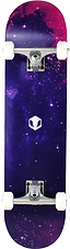 Venom Core Galaxy Complete Skateboard - 7.75″ x 31.75″ featuring a purple and pink nebula print, a white geometric logo in the center, and white wheels on silver trucks.