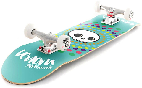 Venom Core Skull Spots Teal Complete Skateboard - 7.75″ x 31.75″ featuring a white cartoon skull graphic surrounded by colorful polka dots and white wheels.