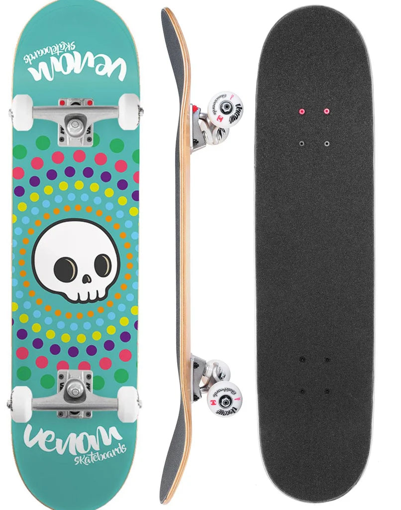 Venom Core Skull Spots Teal Complete Skateboard - 7.75″ x 31.75″ shown from the underside, side, and topside with black grip tape, featuring a white skull and colorful polka dot pattern.