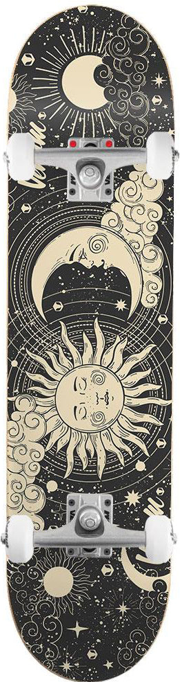 Venom Core Sun and Moon Black Complete Skateboard 7.75″ x 31.75″ featuring a black deck with celestial illustrations of a sun, moon, clouds, and stars in cream ink, equipped with silver trucks and white wheels.