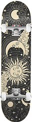 Venom Core Sun and Moon Black Complete Skateboard 7.75″ x 31.75″ featuring a black deck with celestial illustrations of a sun, moon, clouds, and stars in cream ink, equipped with silver trucks and white wheels.