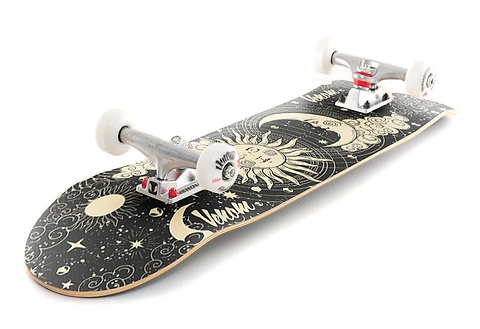 Venom Core Sun and Moon Black Complete Skateboard 7.75″ x 31.75″ with a black deck featuring celestial sun and moon graphics, silver trucks, and white wheels.