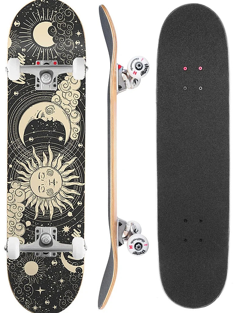 Venom Core Sun and Moon Black Complete Skateboard - 7.75″ x 31.75″ shown from the underside with a celestial graphic, a side profile, and a top-down view with black grip tape.