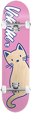 Venom Junior Cat Pink Kids Complete Skateboard - 7.25″ x 29″ featuring a large blue line-art illustration of a cat and a blue script logo, with silver trucks and white wheels.