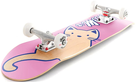Venom Junior Cat Pink Kids Complete Skateboard 7.25″ x 29″ with a cartoon cat graphic on the deck and white wheels.