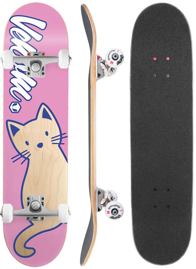 Venom Junior Cat Pink Kids Complete Skateboard - 7.25″ x 29″ shown from the bottom, side, and top, featuring a cartoon cat illustration on the deck and black grip tape.