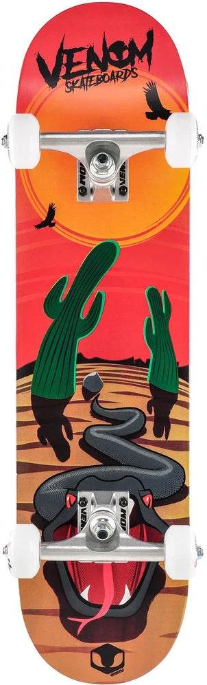 Venom Junior Desert Viper Kids Complete Skateboard - 7.25″ x 29″ featuring a desert scene with cacti, a silhouetted bird, and a large snake head graphic on a red and orange background.
