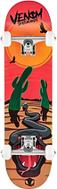 Venom Junior Desert Viper Kids Complete Skateboard - 7.25″ x 29″ featuring a desert scene with cacti, a silhouetted bird, and a large snake head graphic on a red and orange background.