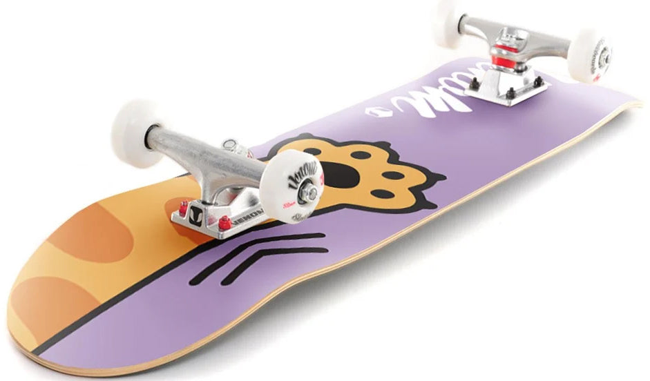 Venom Junior Kitty Paw Purple Kids Complete Skateboard - 7.25″ x 29″ with a cartoon cat paw print graphic, silver trucks, and white wheels.