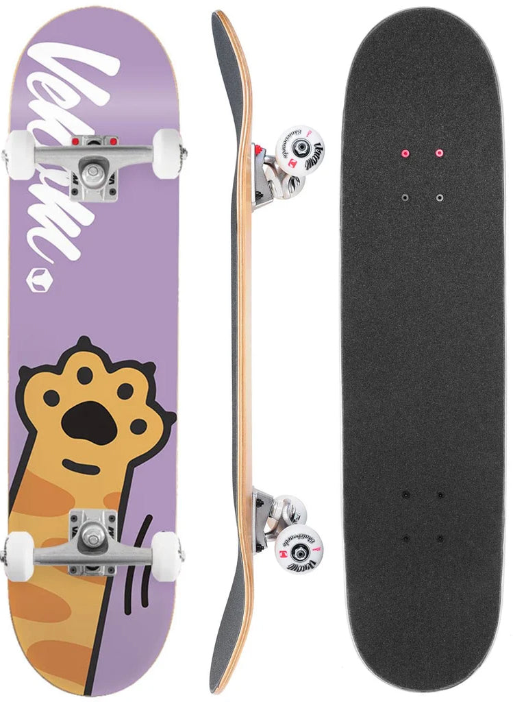 Three views of a Venom Junior Kitty Paw Purple Kids Complete Skateboard - 7.25″ x 29″: the top side with black grip tape, the side profile, and the underside with a purple background and a cartoon cat paw graphic.