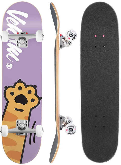 Three views of a Venom Junior Kitty Paw Purple Kids Complete Skateboard - 7.25″ x 29″: the top side with black grip tape, the side profile, and the underside with a purple background and a cartoon cat paw graphic.