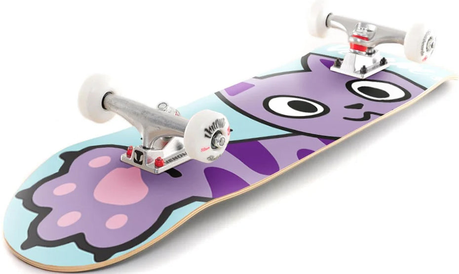 A Venom Junior Kitty Swipe Blue Kids Complete Skateboard - 7.25″ x 29″ featuring a light blue deck with a purple cartoon cat graphic and white wheels.