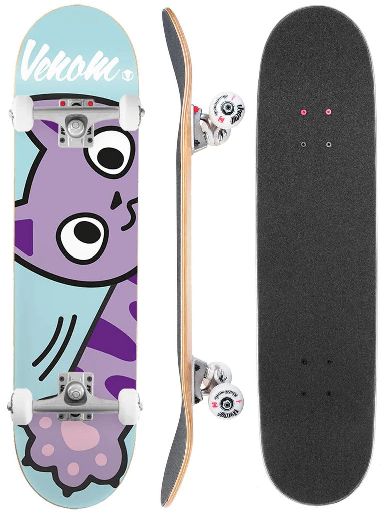 Venom Junior Kitty Swipe Blue Kids Complete Skateboard 7.25″ x 29″ shown from the top, side, and bottom, featuring a purple cartoon cat graphic on a light blue background.