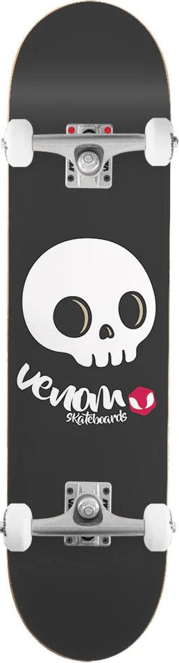Venom Junior Skull Black Kids Complete Skateboard - 7.25″ x 29″ featuring a cartoon skull graphic, white wheels, and silver trucks.