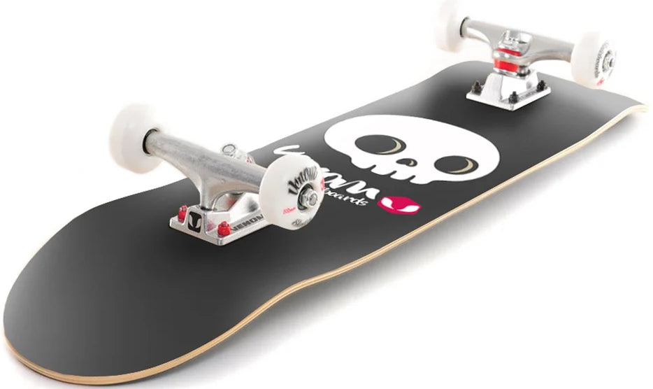 Venom Junior Skull Black Kids Complete Skateboard - 7.25″ x 29″ featuring a white skull graphic and white wheels on silver trucks.