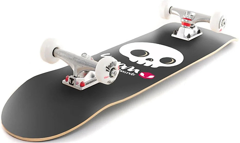 Venom Junior Skull Black Kids Complete Skateboard - 7.25″ x 29″ featuring a white skull graphic and white wheels on silver trucks.