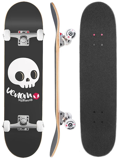 Three views of a Venom Junior Skull Black Kids Complete Skateboard - 7.25″ x 29″: the underside with a white skull graphic, the side profile showing trucks and wheels, and the top covered in black grip tape.