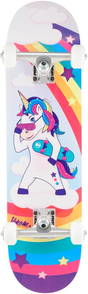 Venom Junior Unicorn Kids Complete Skateboard - 7.25″ x 29″ featuring a cartoon unicorn wearing sunglasses and carrying a small skateboard against a background of rainbows, stars, and clouds.