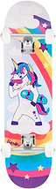 Venom Junior Unicorn Kids Complete Skateboard - 7.25″ x 29″ featuring a cartoon unicorn wearing sunglasses and carrying a small skateboard against a background of rainbows, stars, and clouds.