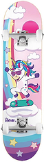 A Venom Junior Unicorn Flip Kids Complete Skateboard - 7.25″ x 29″ featuring a cartoon unicorn wearing sunglasses and riding a small skateboard against a background of clouds, a rainbow, and a pink sun.