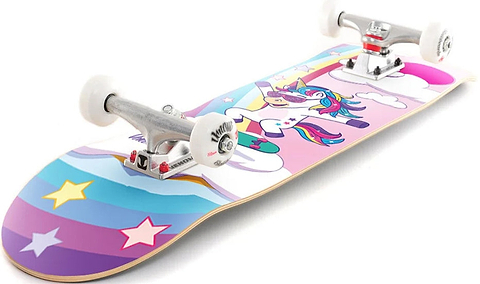 A Venom Junior Unicorn Flip Kids Complete Skateboard - 7.25″ x 29″ featuring a colorful graphic of a unicorn wearing sunglasses on a rainbow and cloud background.