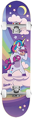 Venom Junior Unicorn Night Kids Complete Skateboard - 7.25″ x 29″ featuring a cartoon unicorn with a rainbow mane, sunglasses, and a small skateboard, set against a purple night sky with clouds, stars, a crescent moon, and a rainbow.