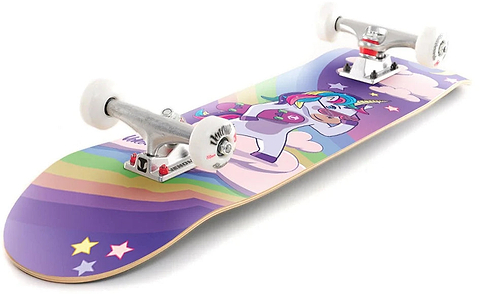 Venom Junior Unicorn Night Kids Complete Skateboard - 7.25″ x 29″ featuring a cartoon unicorn wearing sunglasses and holding a board on a purple background with rainbows, clouds, and stars.