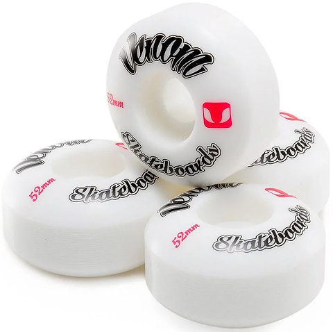 Four white Venom Logo 50mm 99A Skateboard Wheels - White featuring black and red Venom logo branding.
