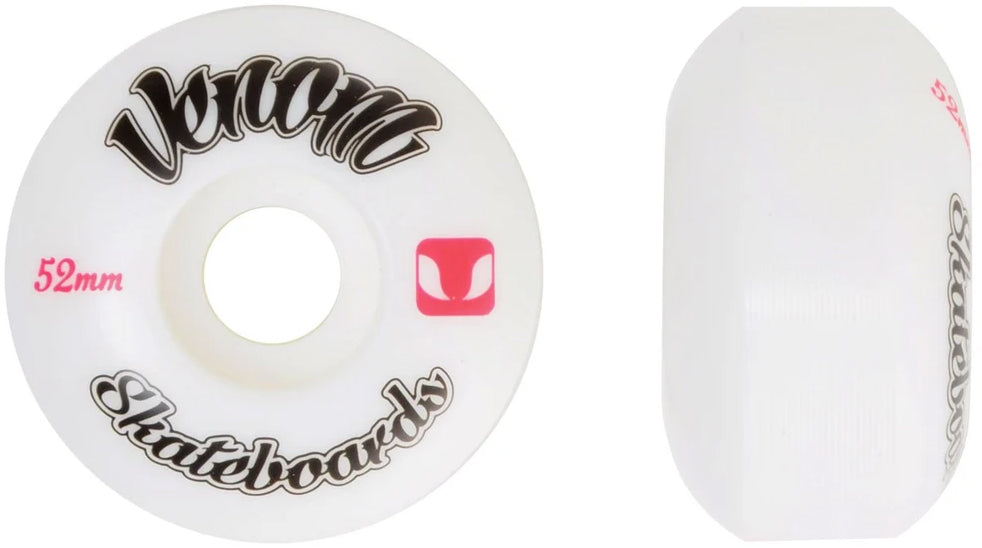 Two white Venom Logo 52mm 99A Skateboard Wheels, one shown from the front with black branding and a red square logo, the other from the side.