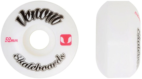 Two white Venom Logo 52mm 99A Skateboard Wheels, one shown from the front with black branding and a red square logo, the other from the side.