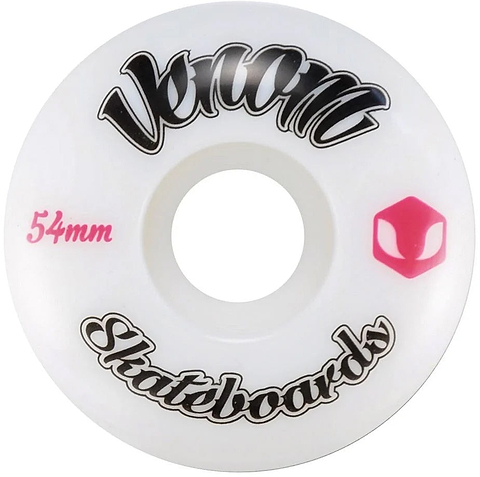 Venom Logo 54mm 99A Skateboard Wheels in white, featuring the brand name and a small pink hexagonal logo.