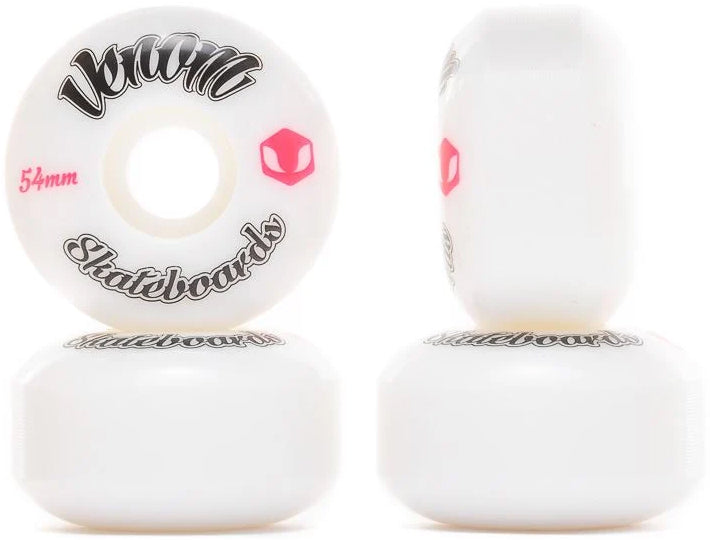 Two white Venom Logo 54mm 99A Skateboard Wheels, one shown face-on and one shown from the side, featuring a brand logo and “Skateboards” text.