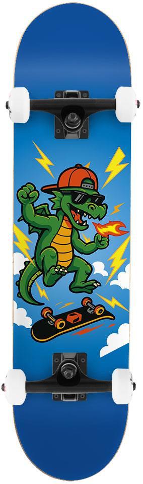 Venom My First Skateboard Dragon Blue Kids Complete Skateboard - 7.25″ x 29″ featuring a blue junior skateboard with a green dragon in sunglasses and a cap jumping amidst yellow lightning bolts and white clouds.