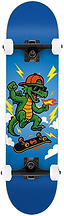 Venom My First Skateboard Dragon Blue Kids Complete Skateboard - 7.25″ x 29″ featuring a blue junior skateboard with a green dragon in sunglasses and a cap jumping amidst yellow lightning bolts and white clouds.